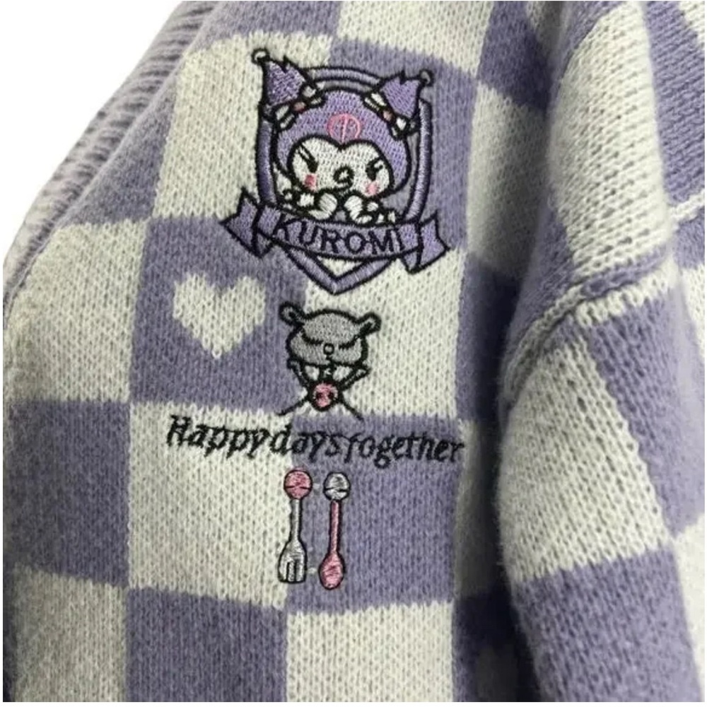 Purple Checker Knit Cardigan Sweater with Heart Motif - Picture 3 of 4